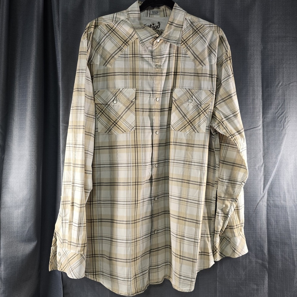 Bullhead Men's XXL Beige Cotton Long Sleeve Plaid Button-Up Shirt Pockets